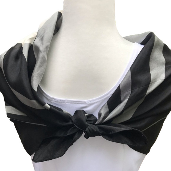 Scarf polyester white flowers on a wavy black and gray background 31” x 31” - Picture 2 of 3